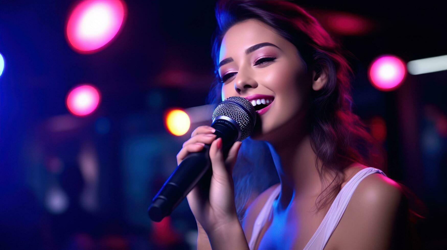 Beautiful girl in karaoke club photo