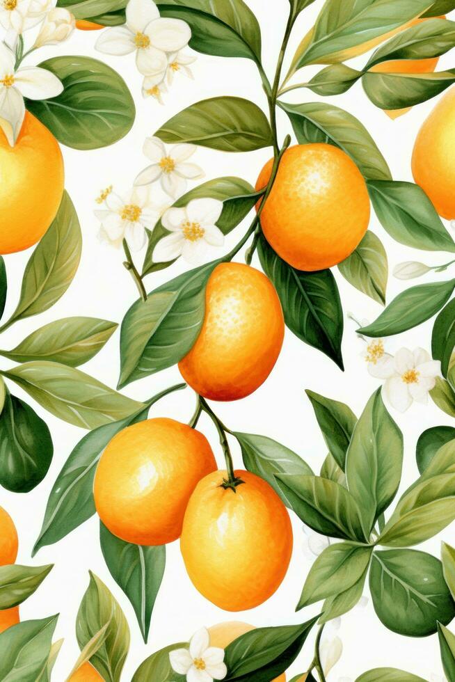 Beautiful botanical watercolor pattern with oranges and leaves photo