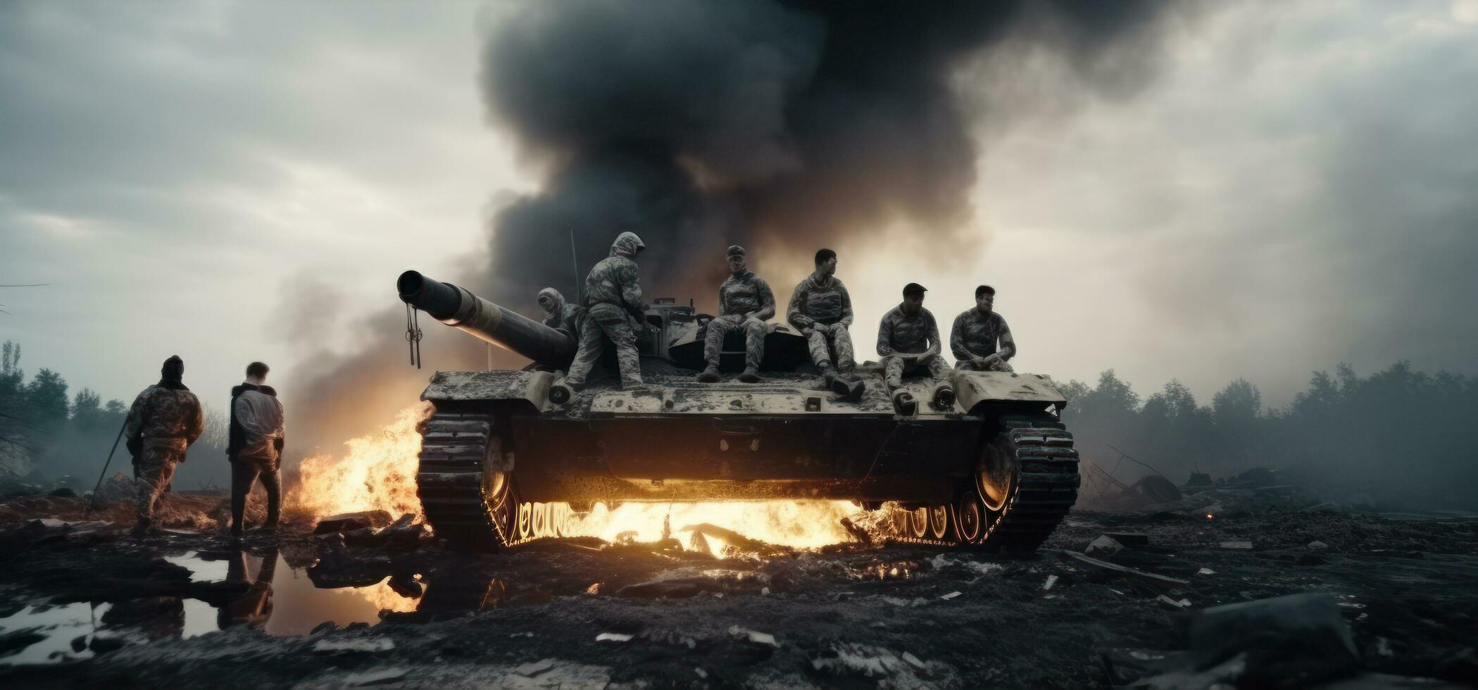 Military white men on a burnt tank photo