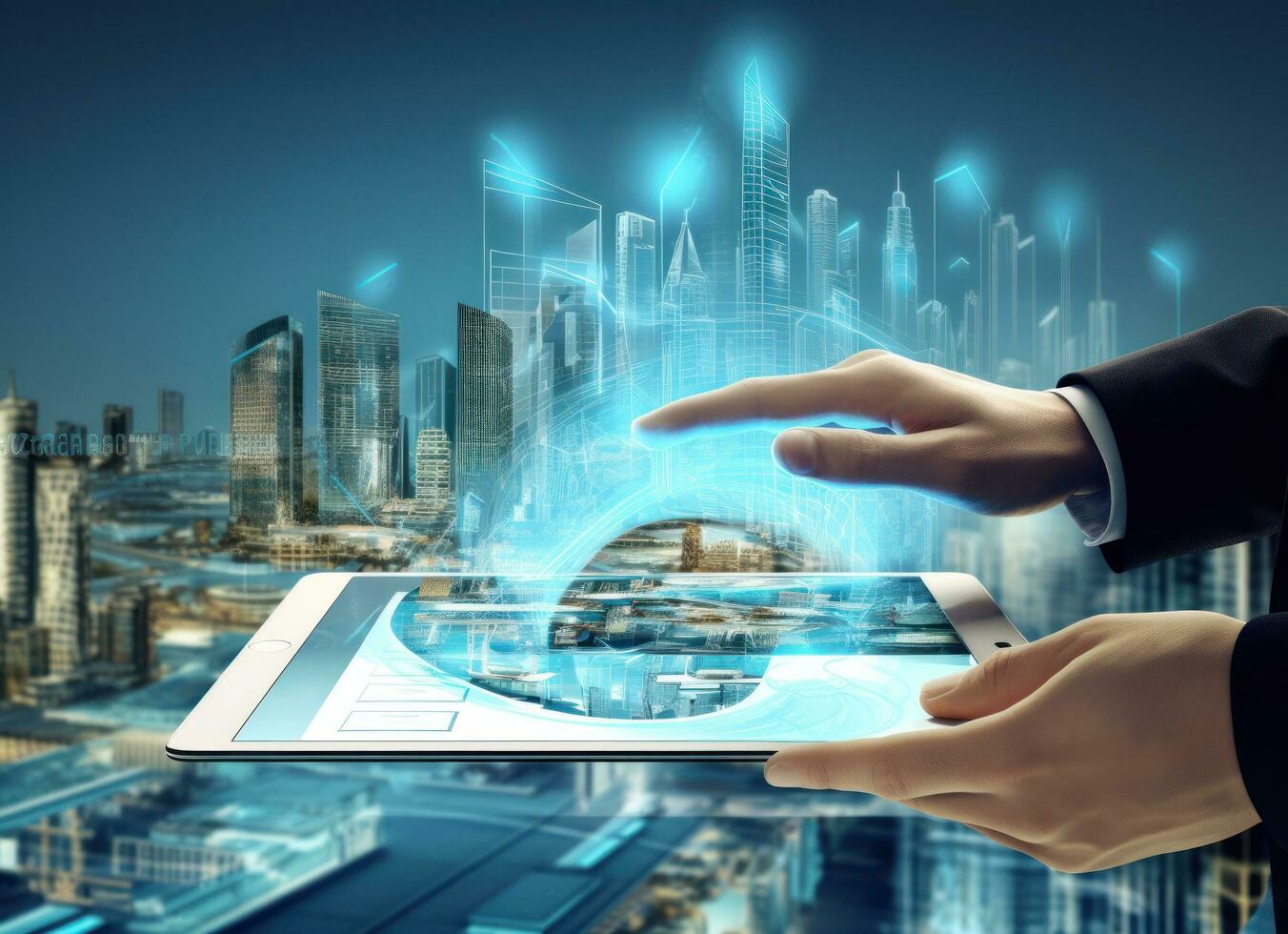 businessman touching down a graph on a flat screen photo