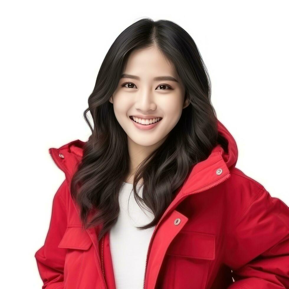 Portrait of asian woman in vivid jacket, smiling and looking happy isolated photo
