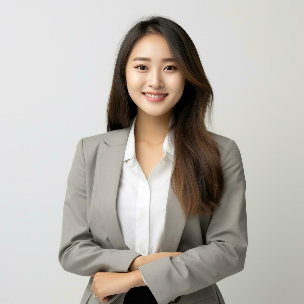 joven asiático mujer, profesional empresario en pie en oficina ropa, aislado foto