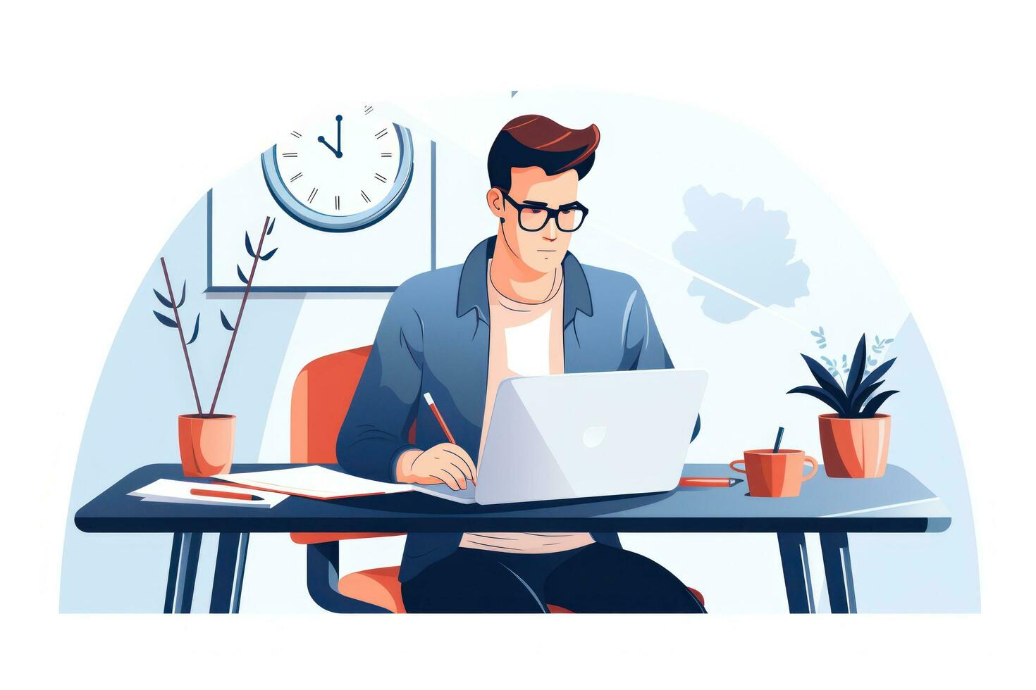 Man with glasses working on desk in office photo