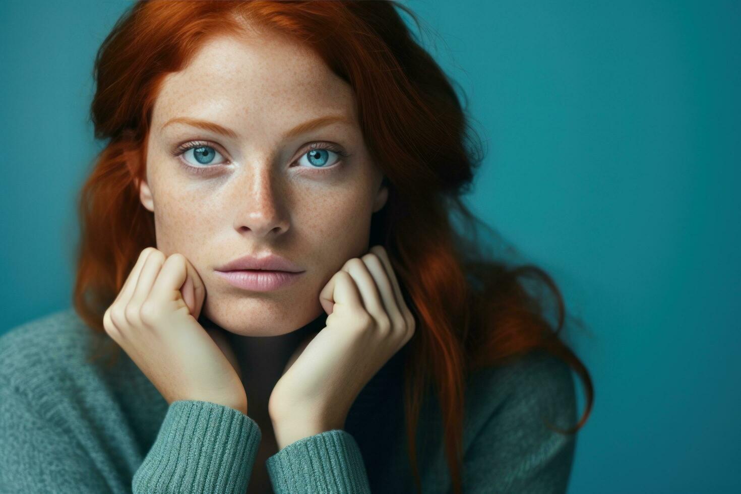 Woman with red hair thinking about something photo