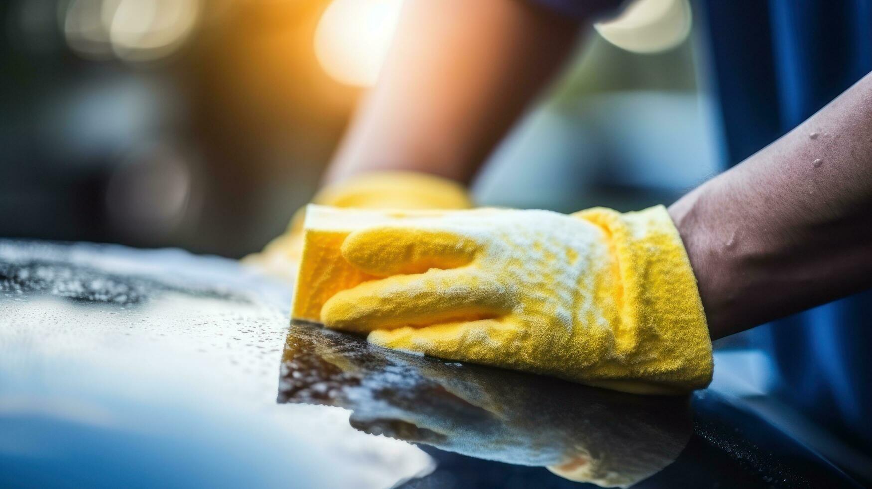 Worker washing car with car wash sponge photo