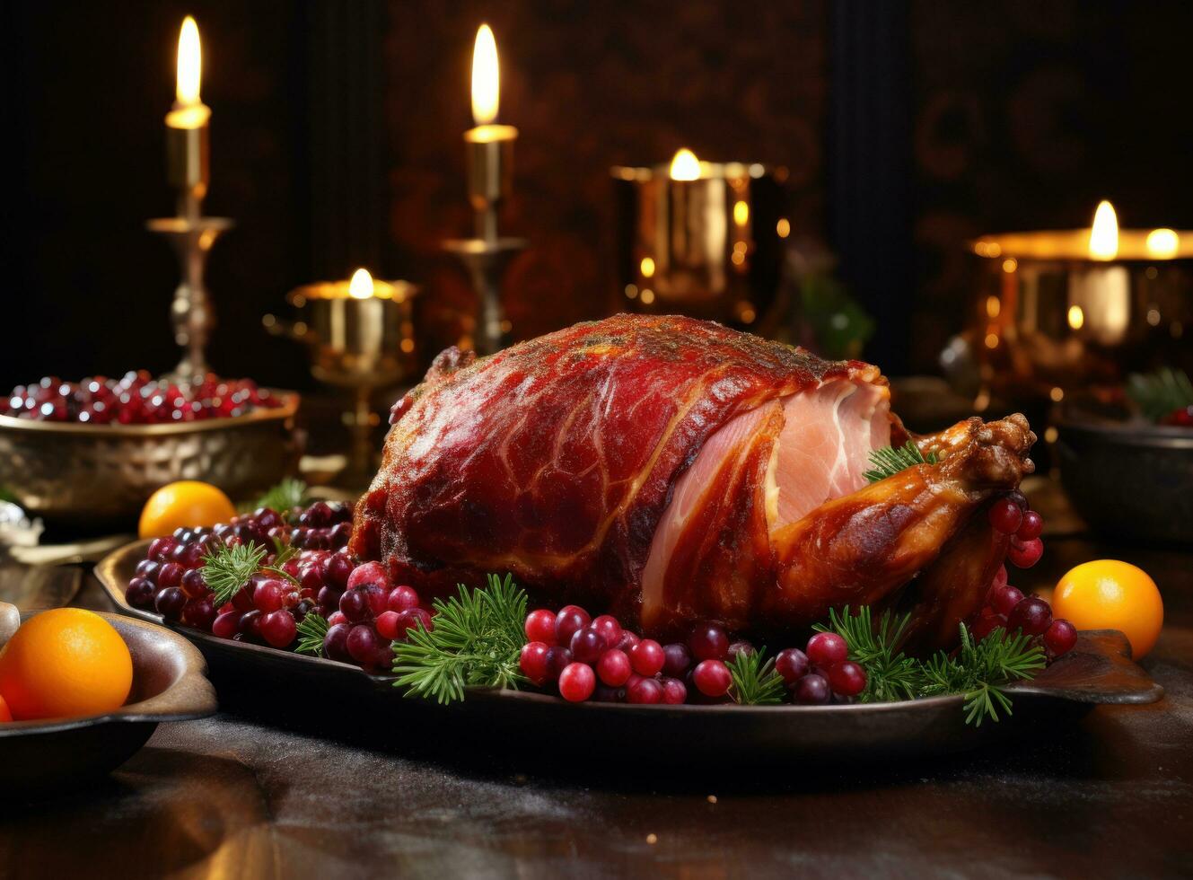 Christmas dinner with roasted ham photo