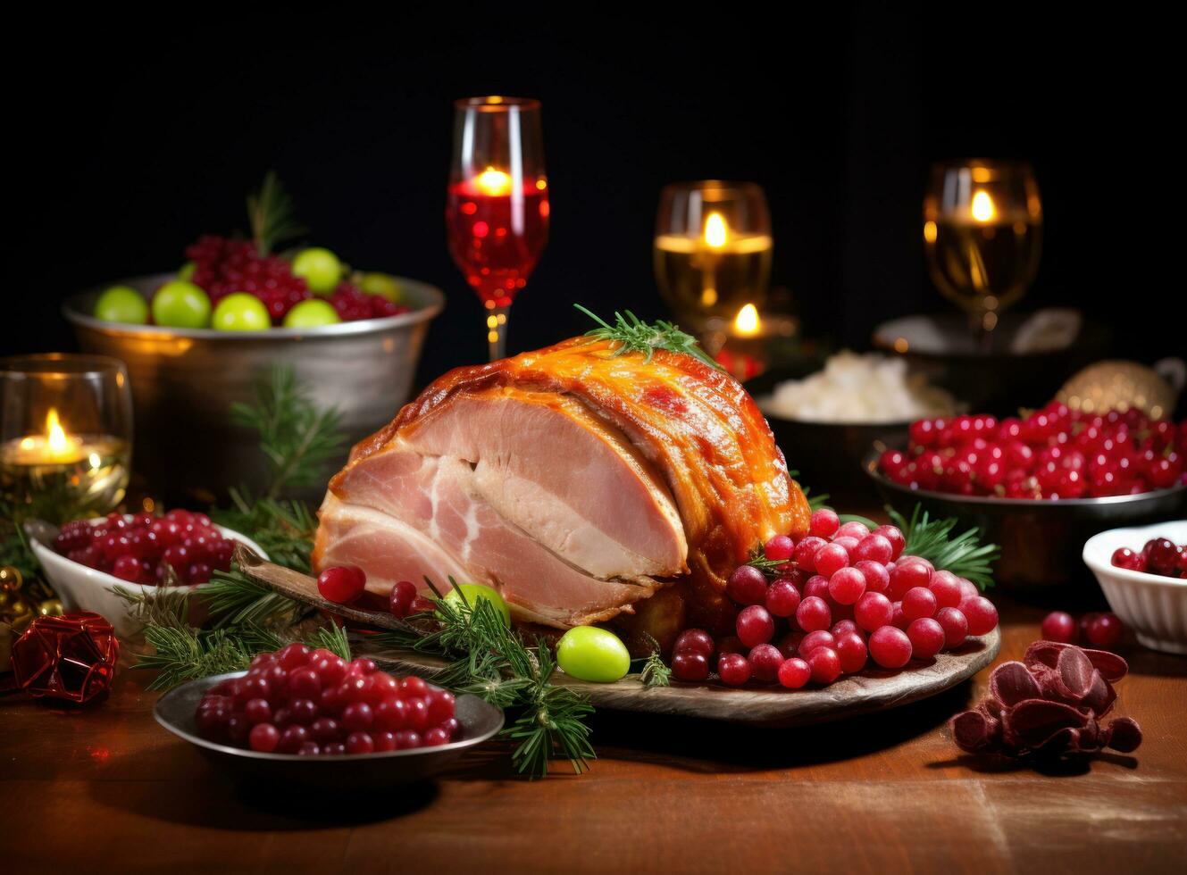 Christmas dinner with roasted ham photo
