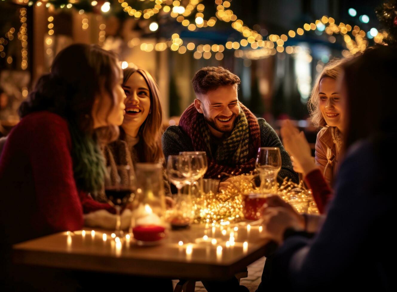 personas a un mesa celebrando Navidad con brillante espumoso luces foto