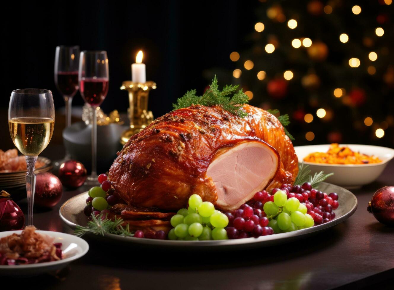 Christmas dinner with roasted ham photo