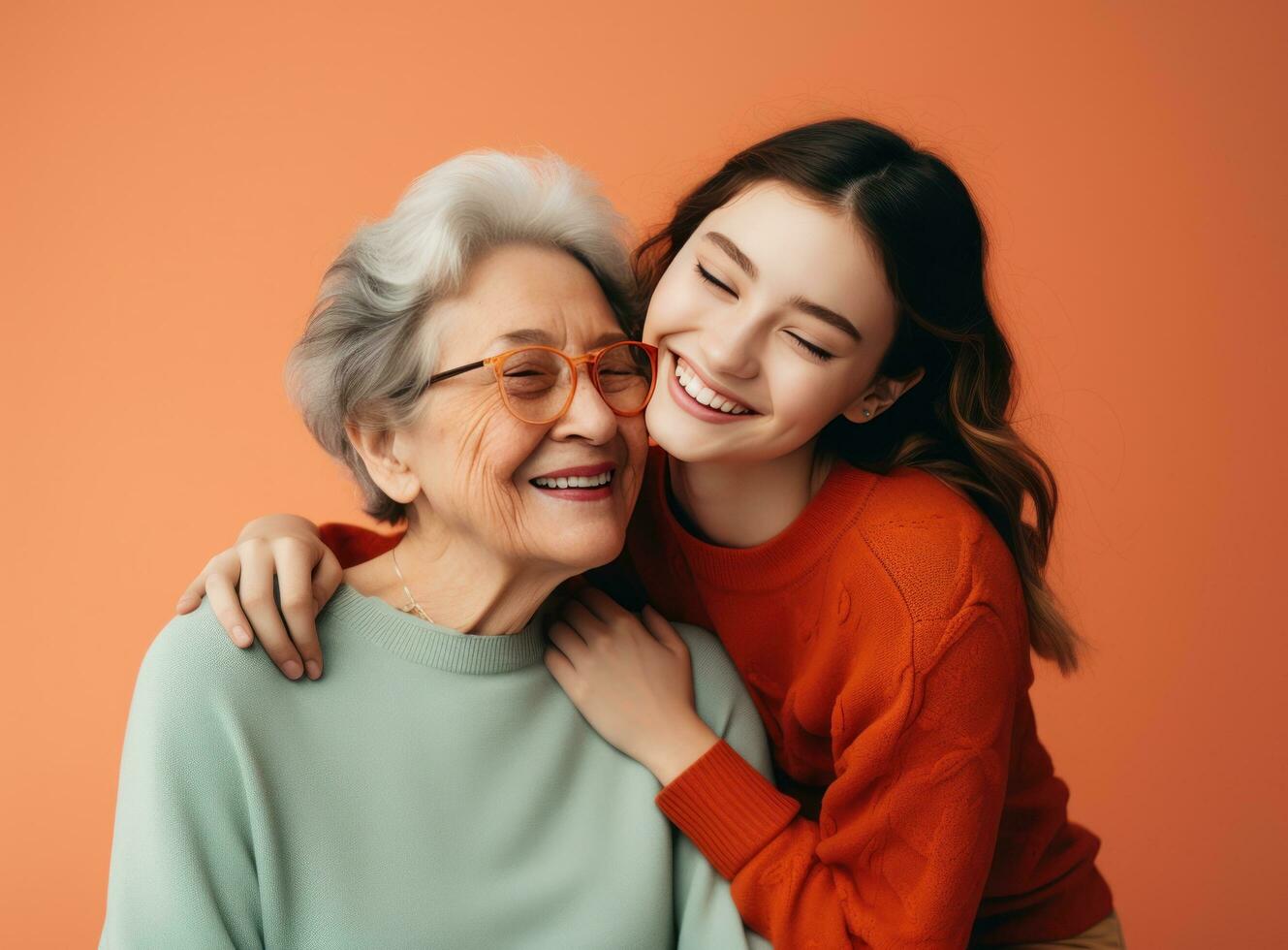 A young lady embraces her grandmother while smiling photo