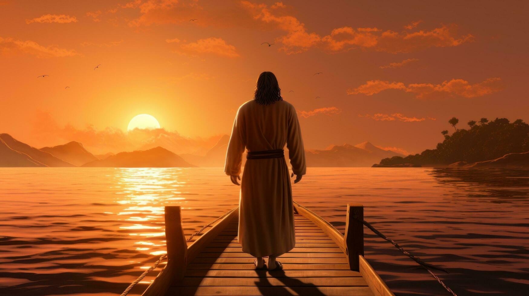 Jesus walking toward a canoe in the lake photo