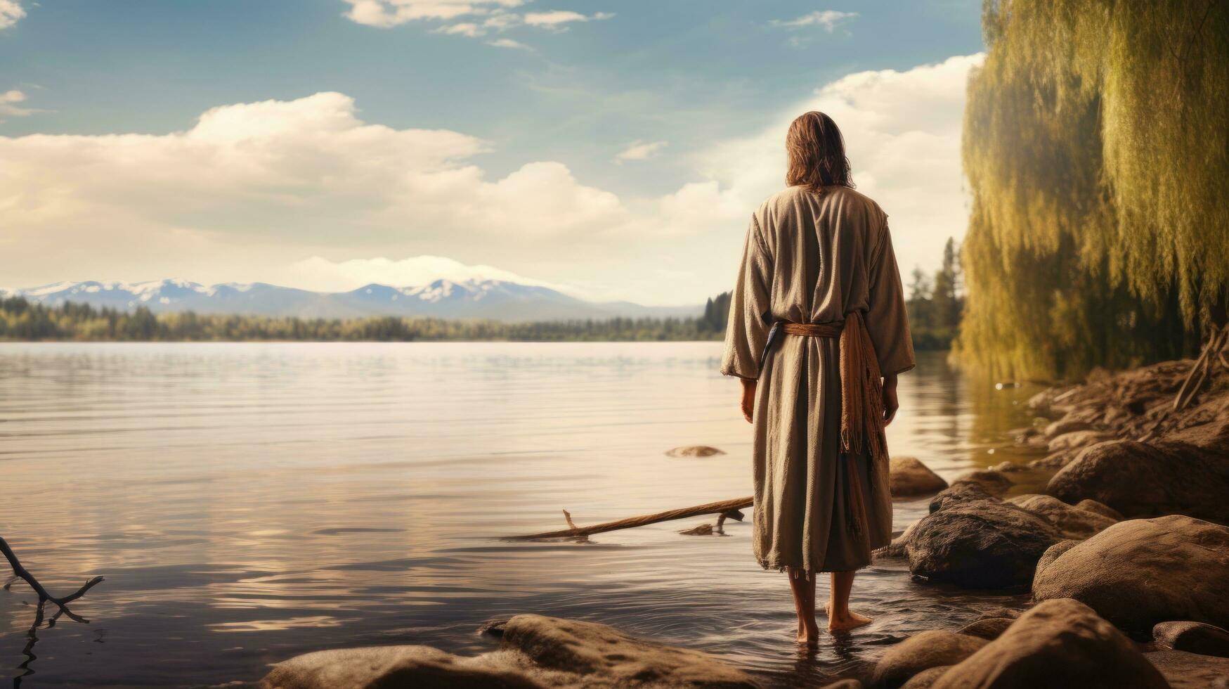 Jesus walking toward a canoe in the lake photo