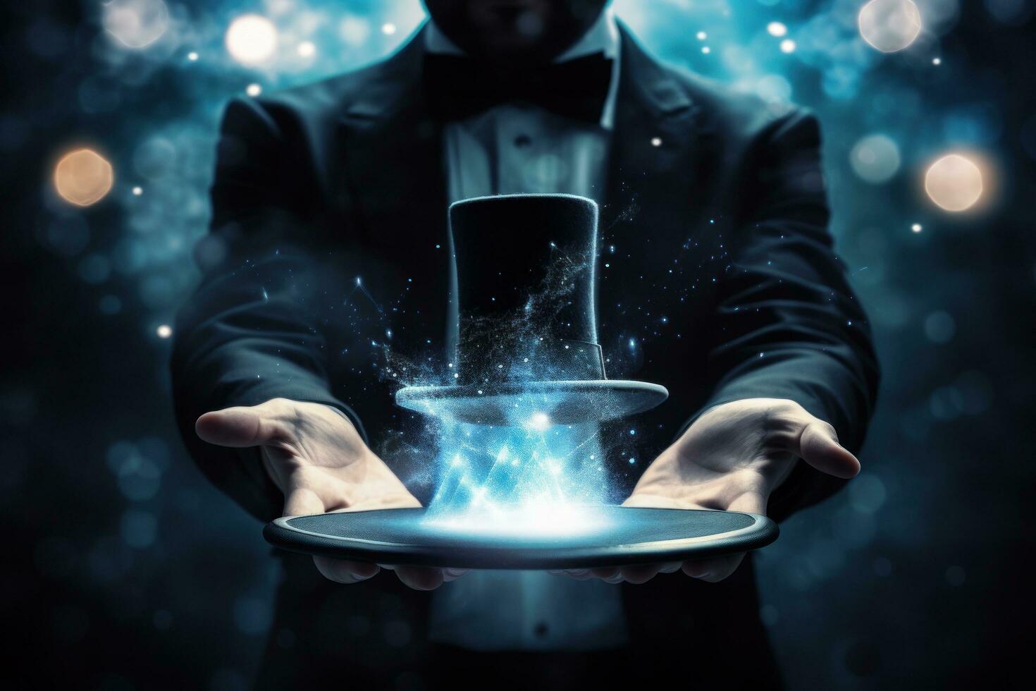 A magician showing magic tricks around a magic hat photo
