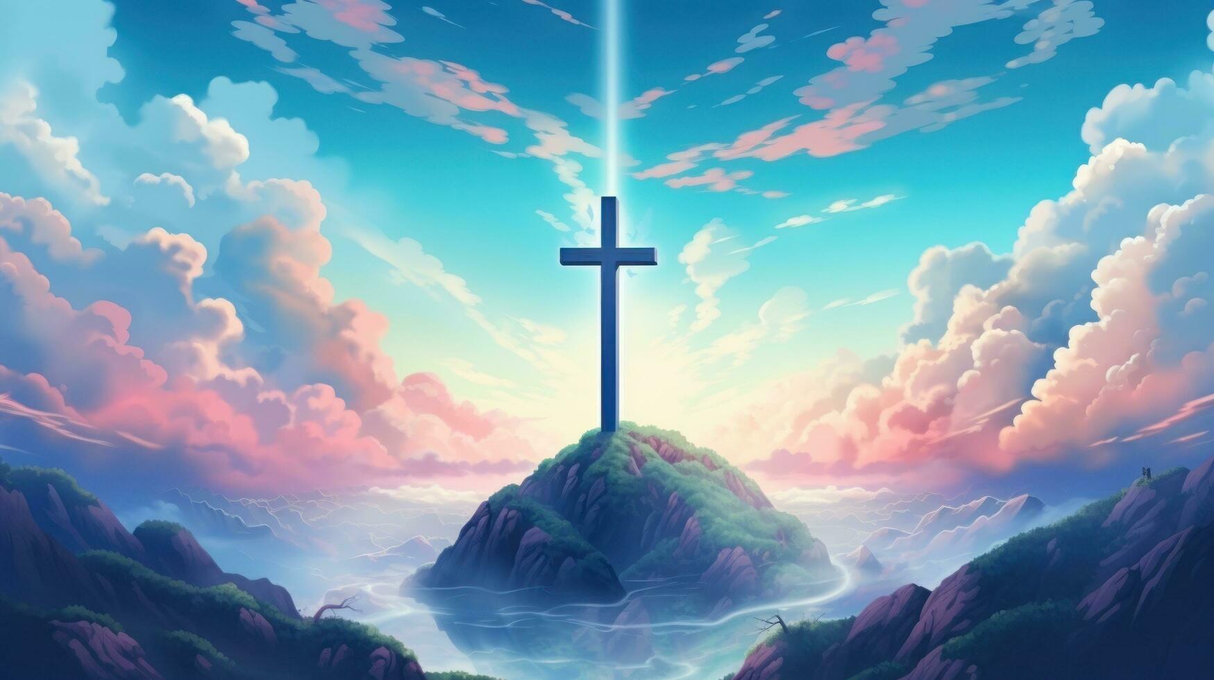 Cross surrounded by clouds and cloudy sky photo