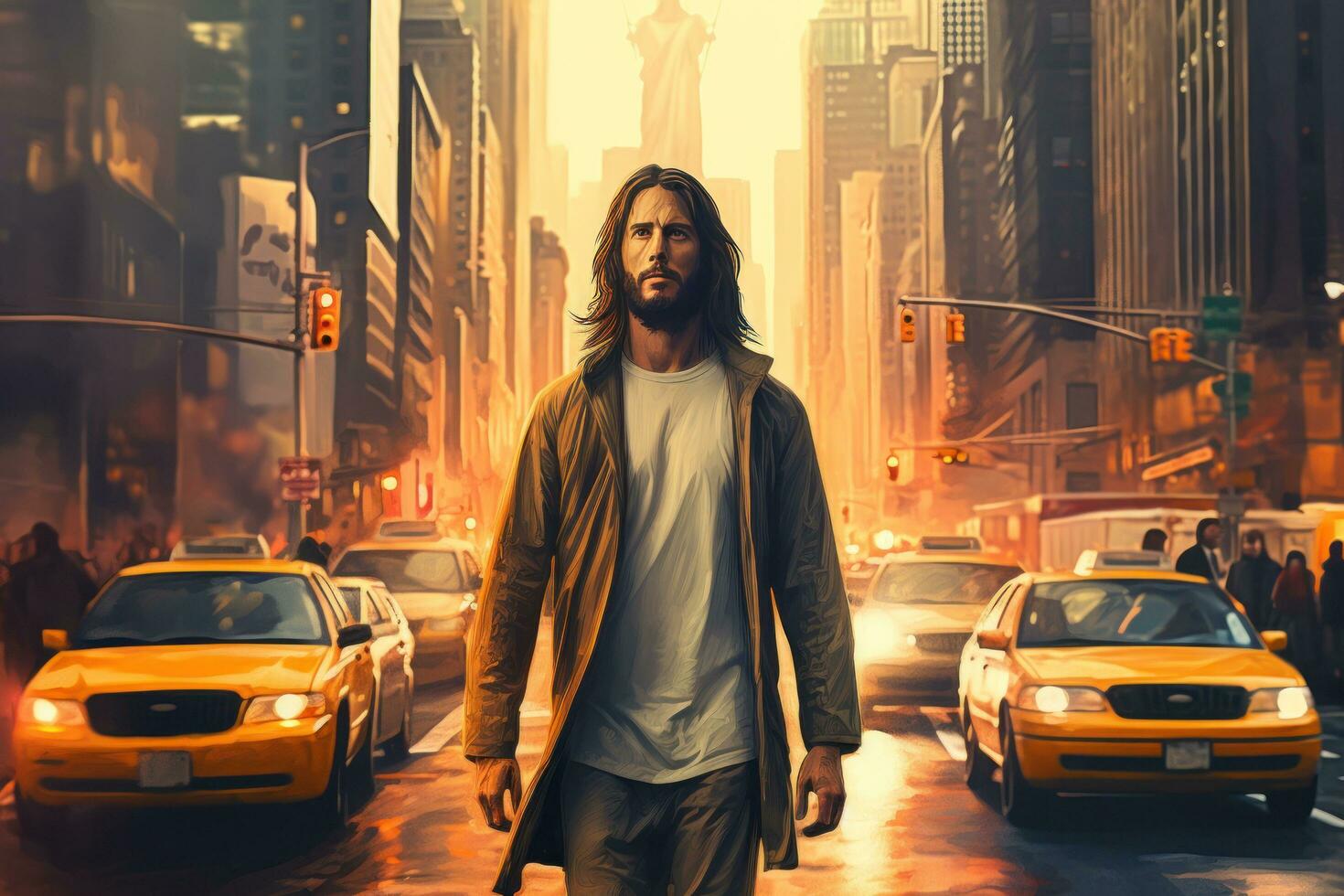 Jesus is standing in a crosswalk with a cab photo