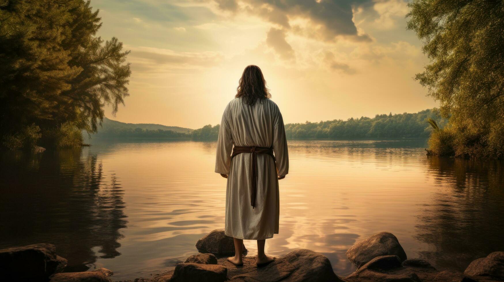 Jesus walking toward a canoe in the lake photo