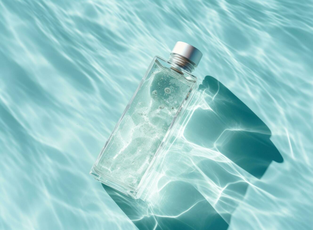 Clear bottle of moisturizer in blue water photo