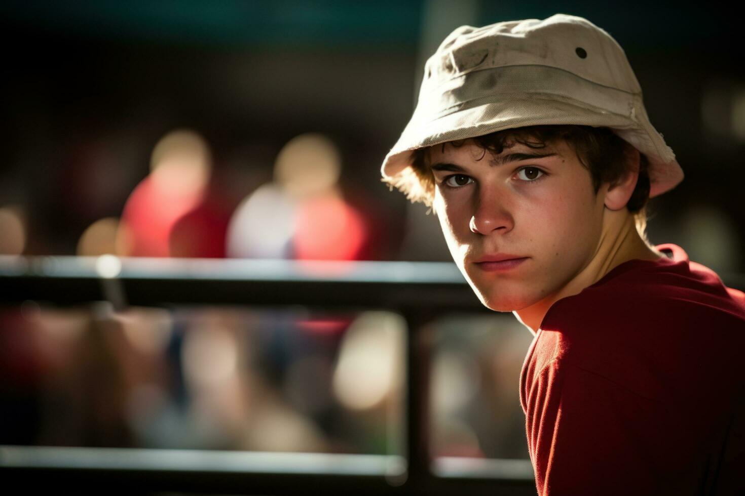 Young man in red baseball cap inside a boxing ring photo