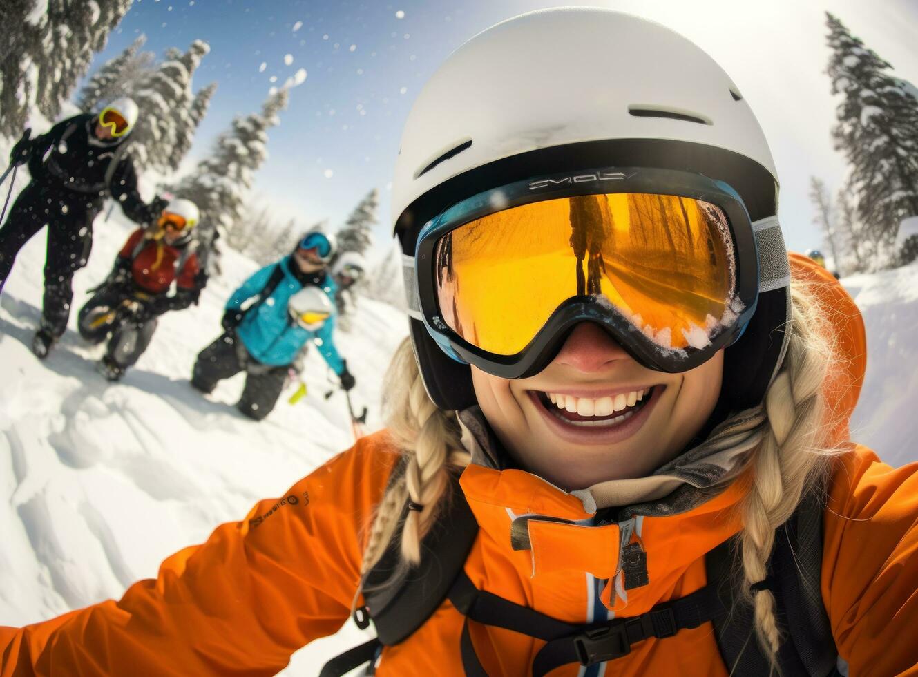 A woman wearing an orange jacket is selfieing on a snowy slope photo