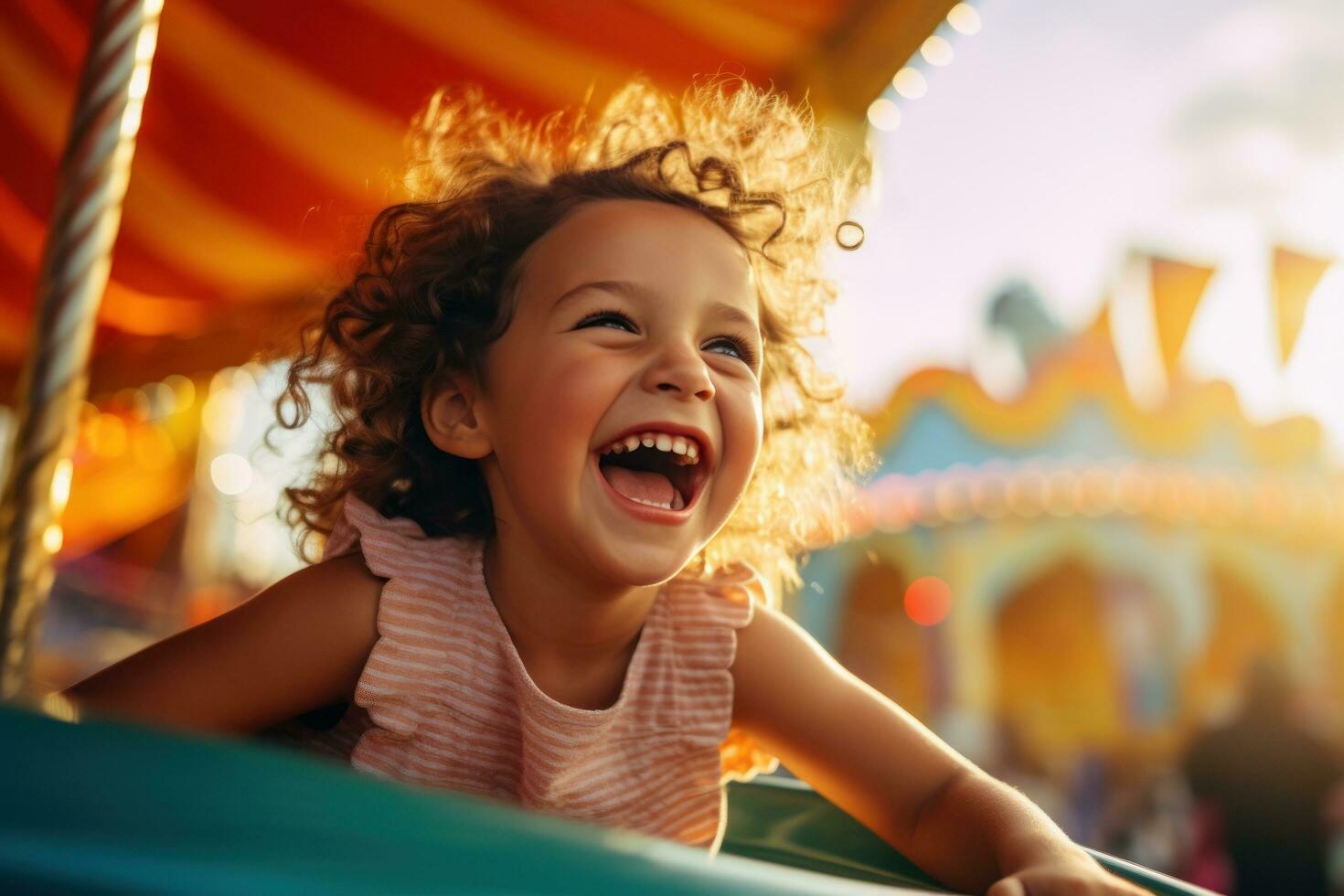 Cute little girl laughing at carnival ride photo