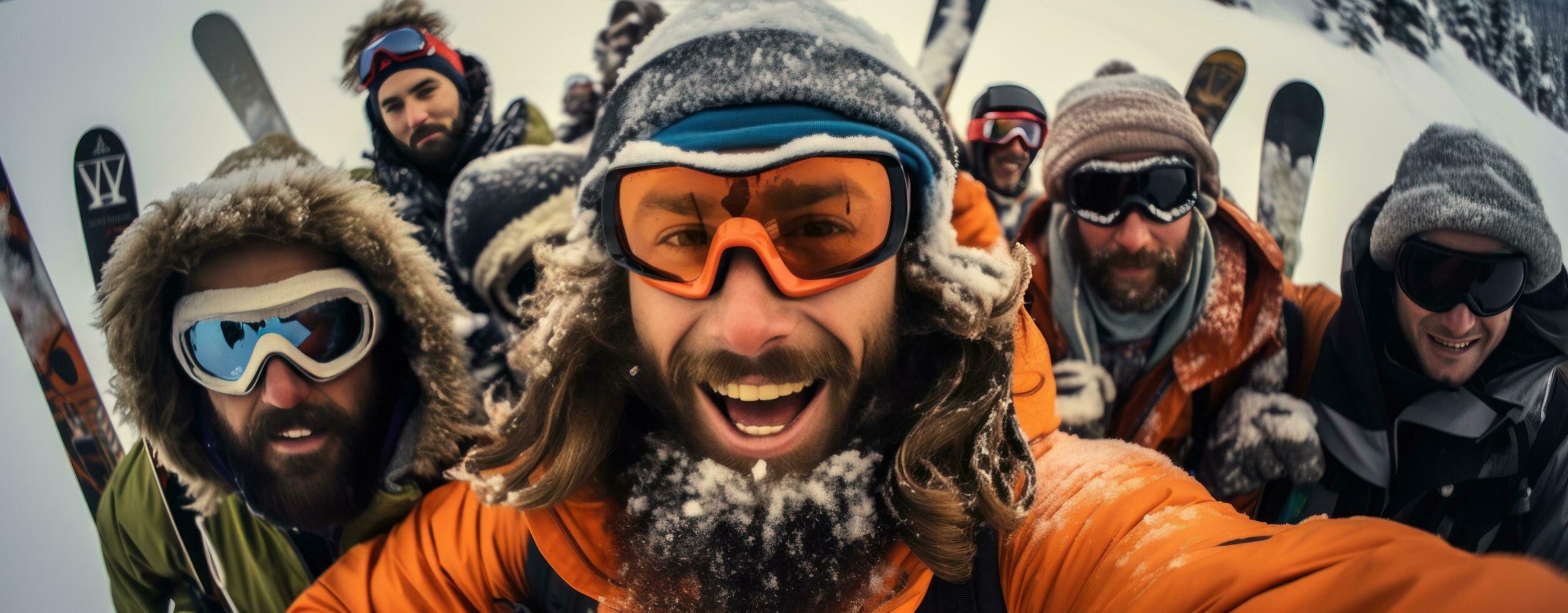 A group of skiers wearing ski goggles and gloves photo