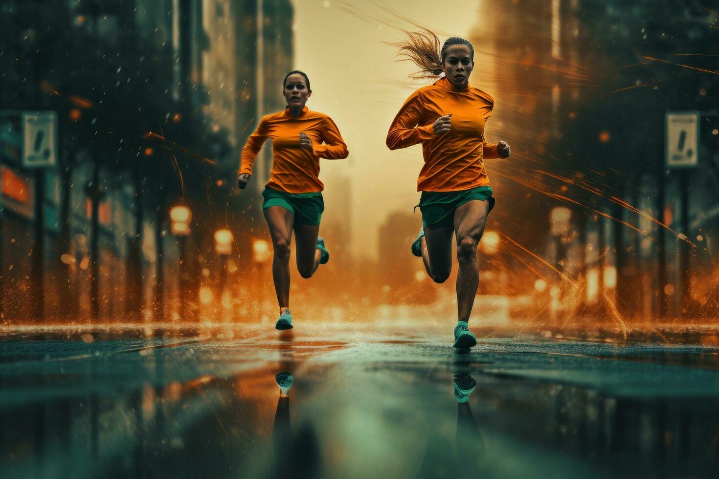 Female athletes taking a quick jog in the rain photo