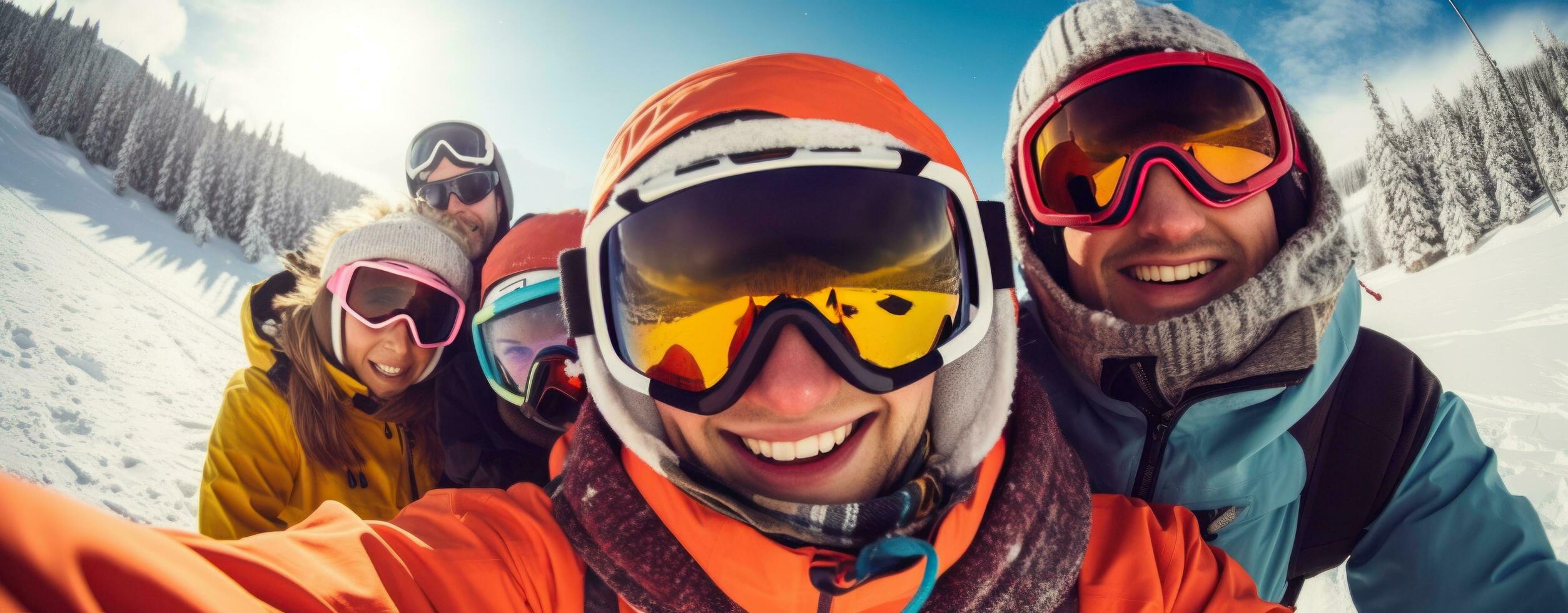 A group of skiers wearing ski goggles and gloves photo