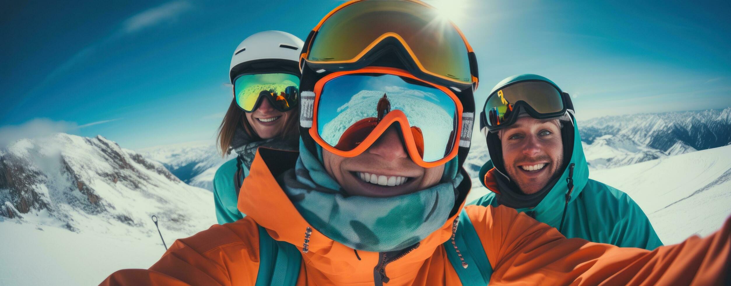 A group of skiers wearing ski goggles and gloves photo