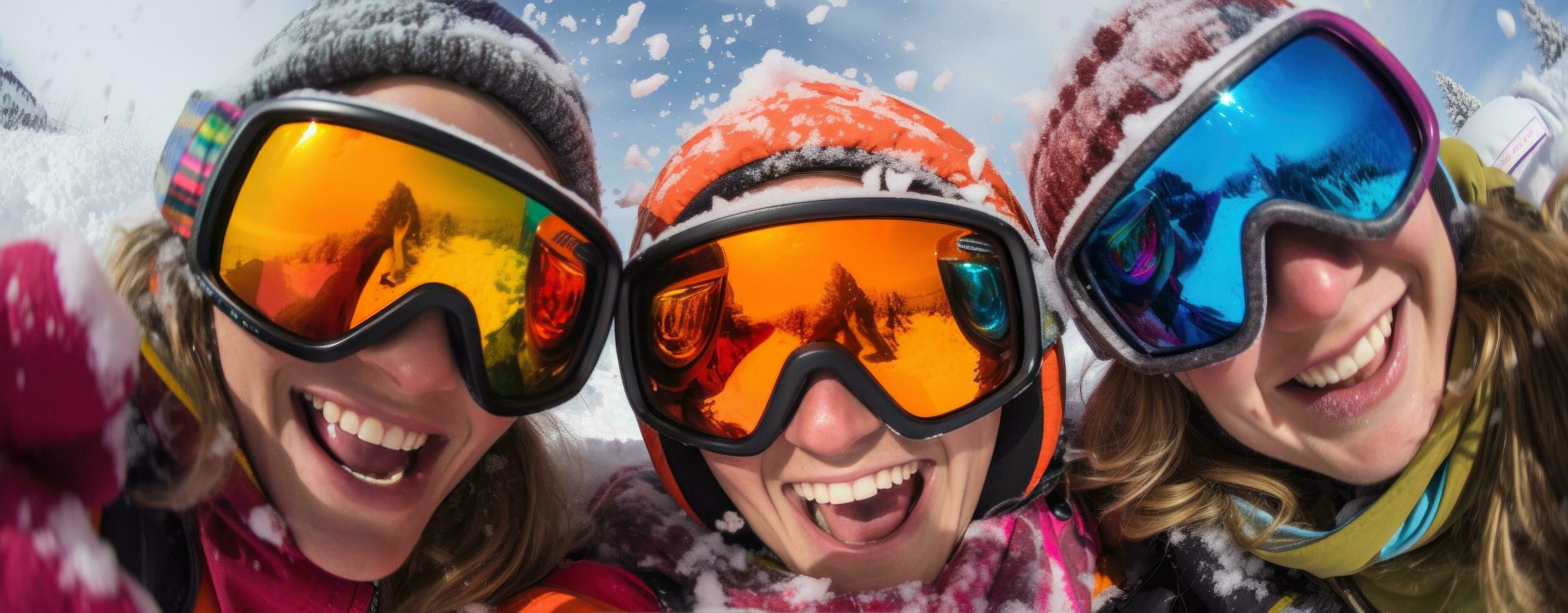 A group of skiers wearing ski goggles and gloves photo