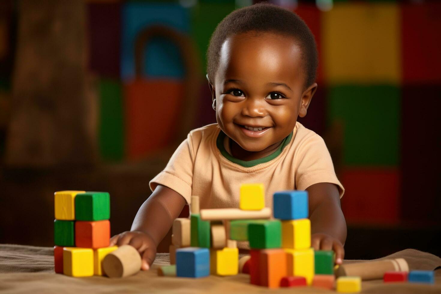 Young african child plays blocks photo