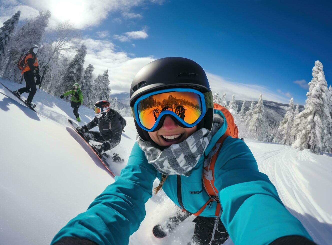 A woman wearing an orange jacket is selfieing on a snowy slope photo