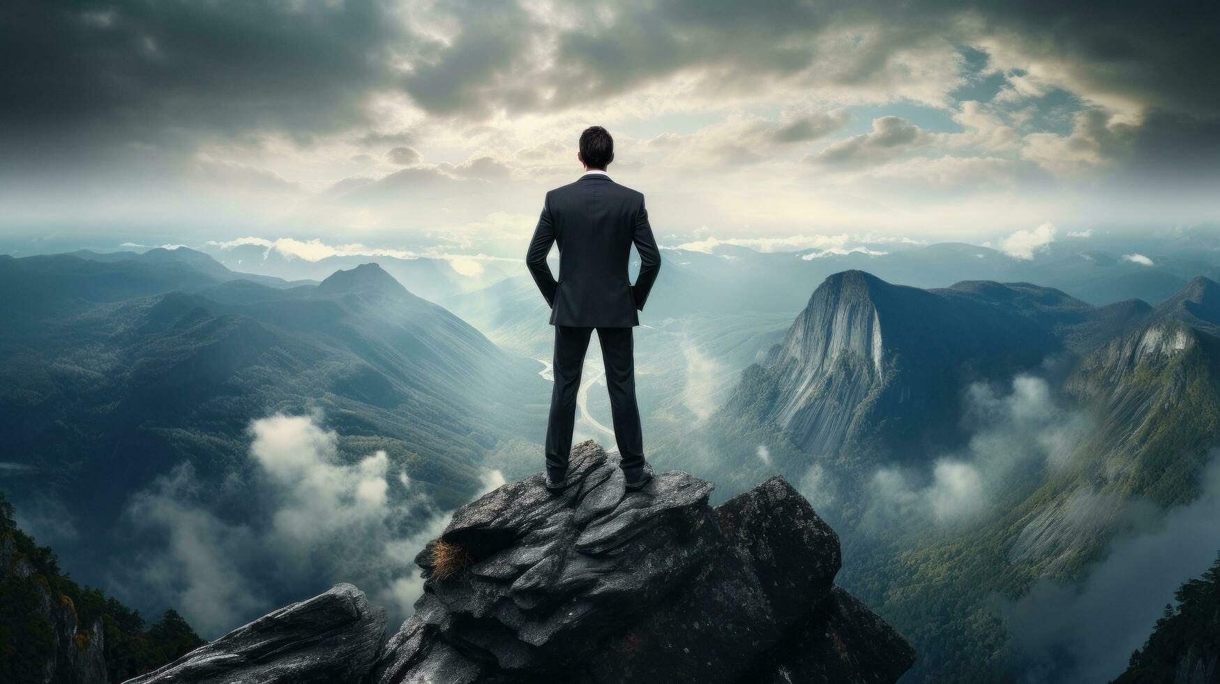 A business person standing on top of a mountain photo