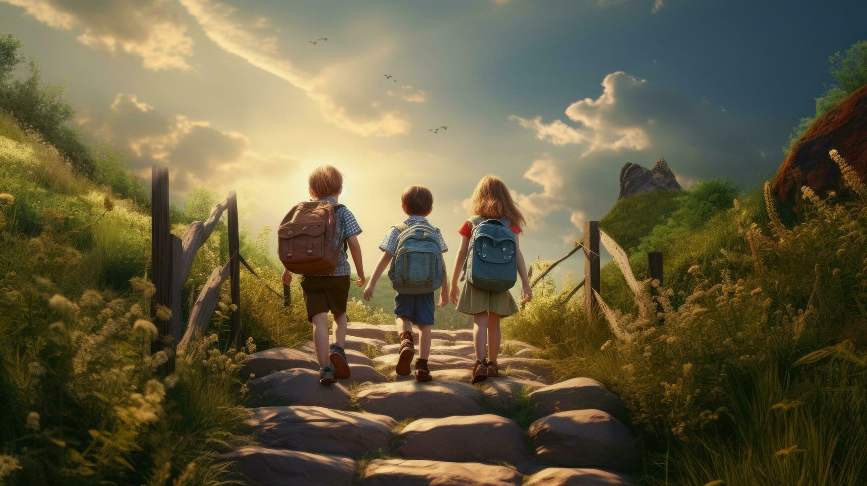 Children walking on a path carrying backpacks photo