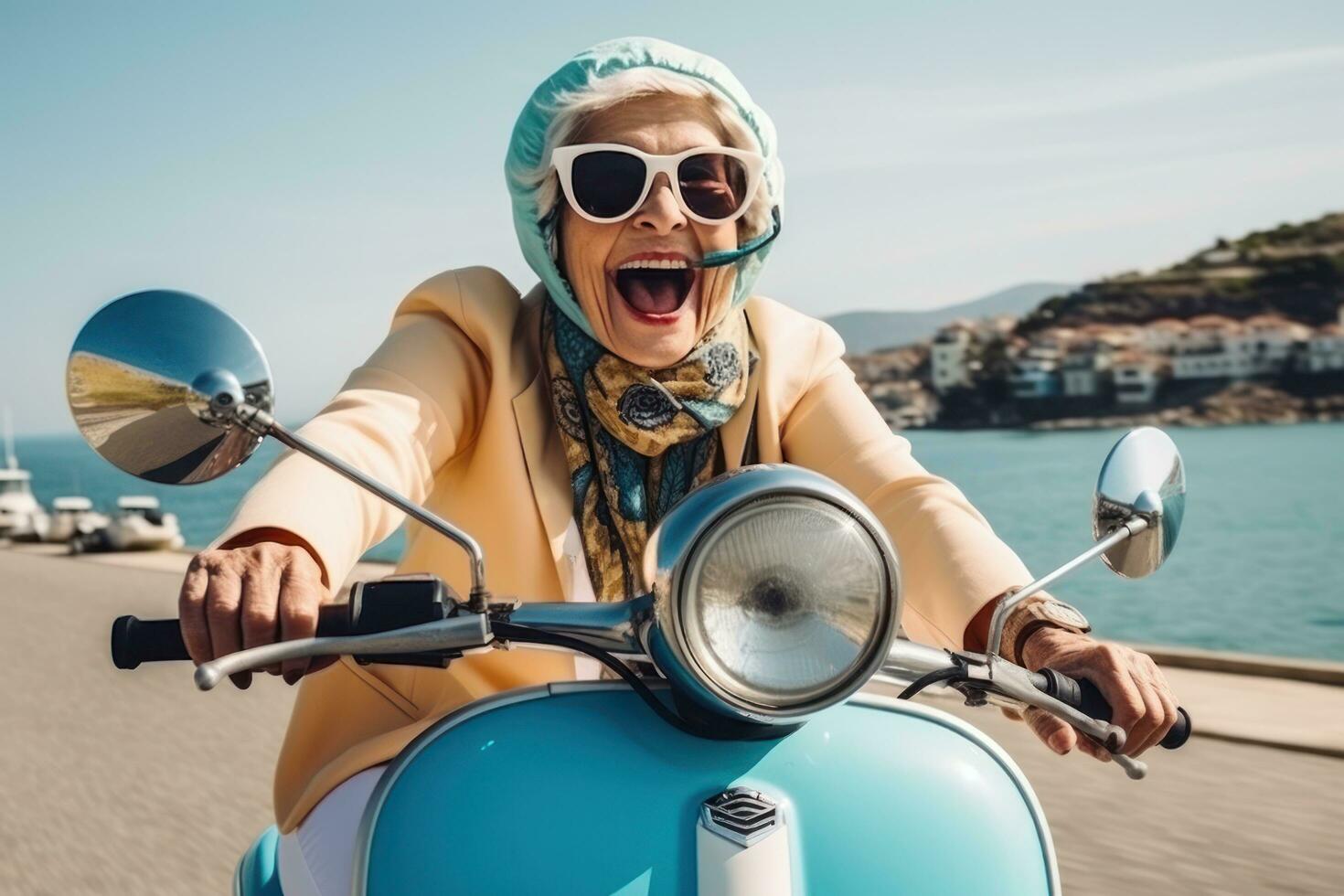 Happy mature woman on scooter, in the style of use of vintage imagery photo