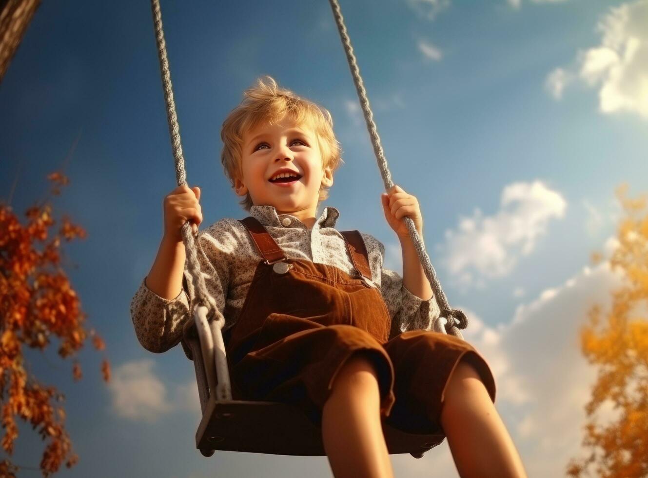 Little girl in autumn swinging in the park with some red and yellow leaves photo