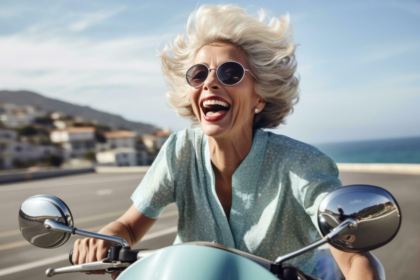 Happy mature woman on scooter, in the style of use of vintage imagery photo