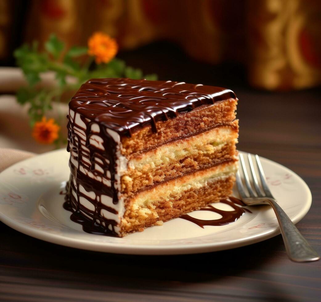 A plate with a piece of chocolate cake photo