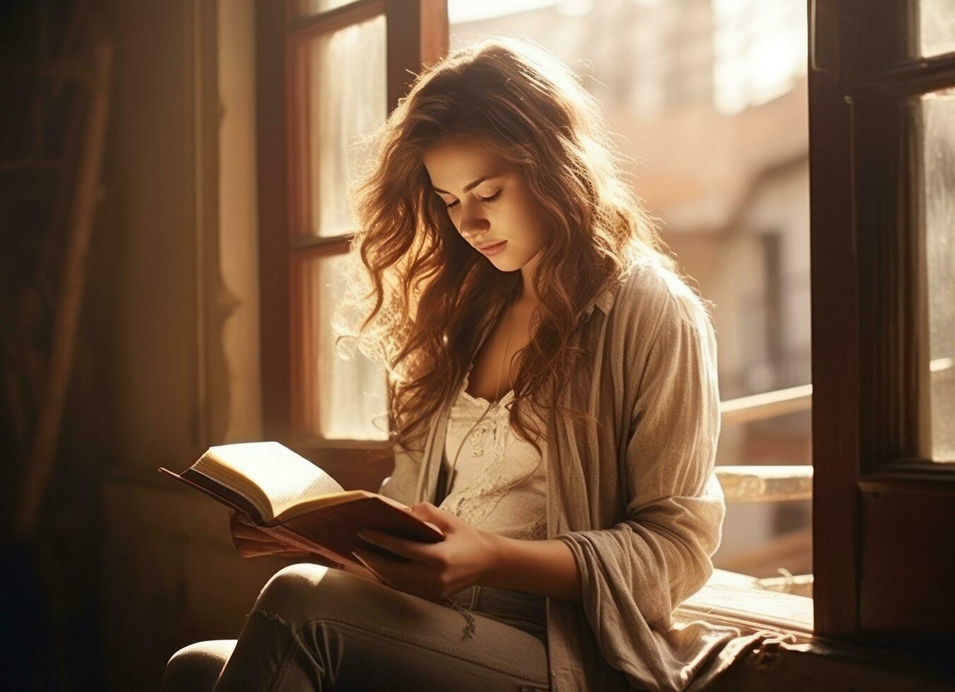 Girl reading book on patio in sunny climate photo