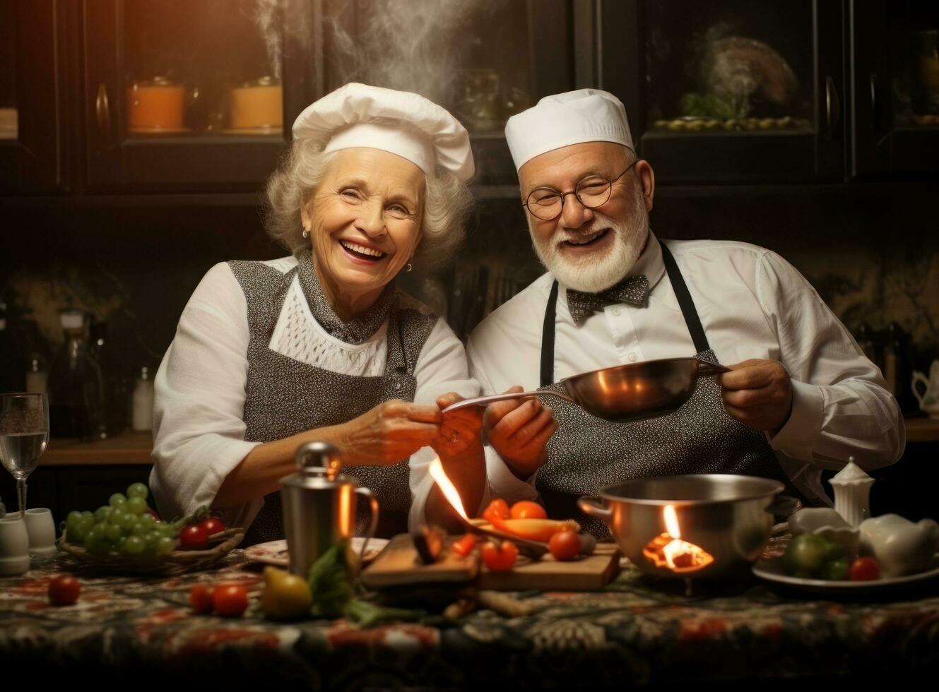 Old couple cooking at the kitchen photo