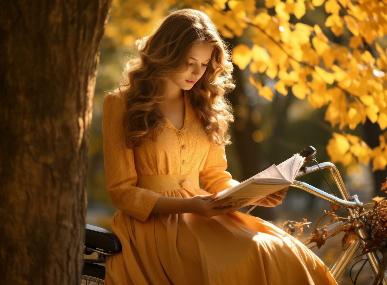 Autumn background with woman and bike photo