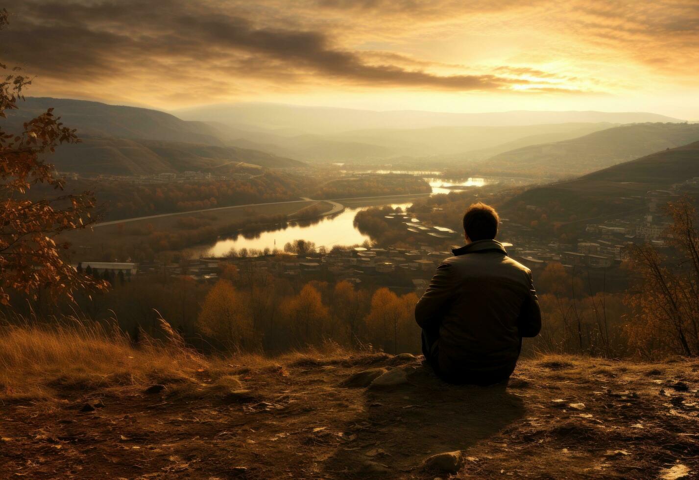 A man sitting on a hill overlooking view of a valley photo