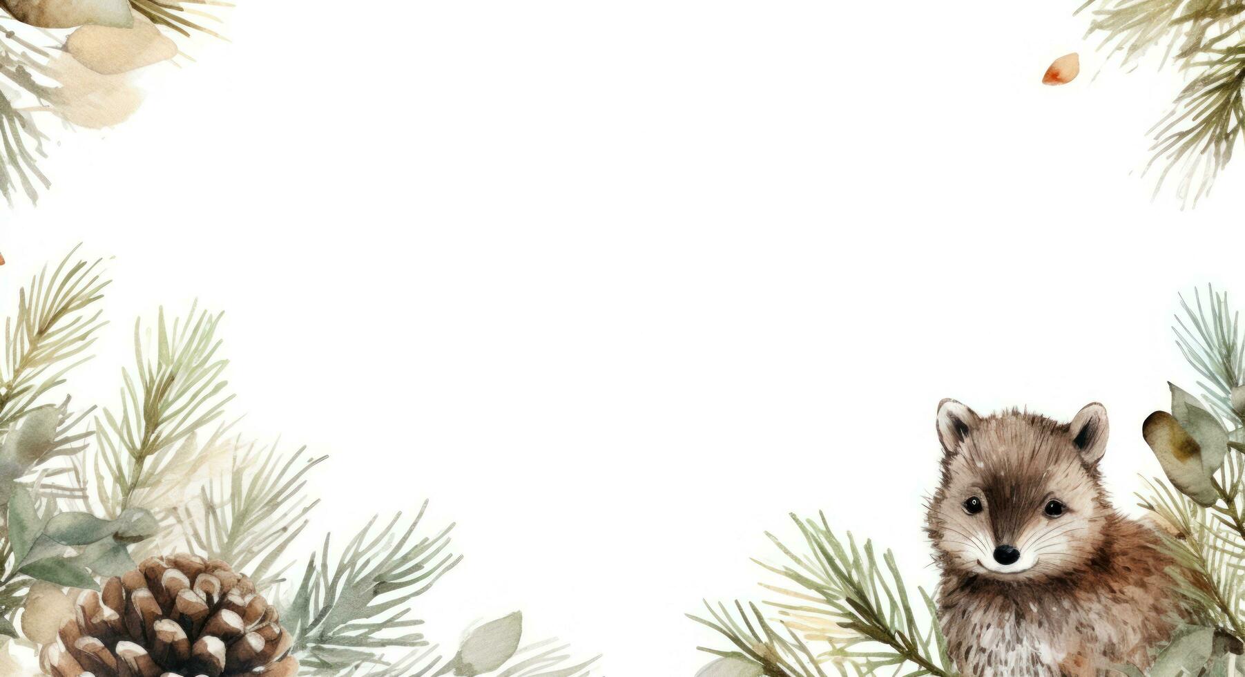 Christmas watercolor background with animal and pine cones photo