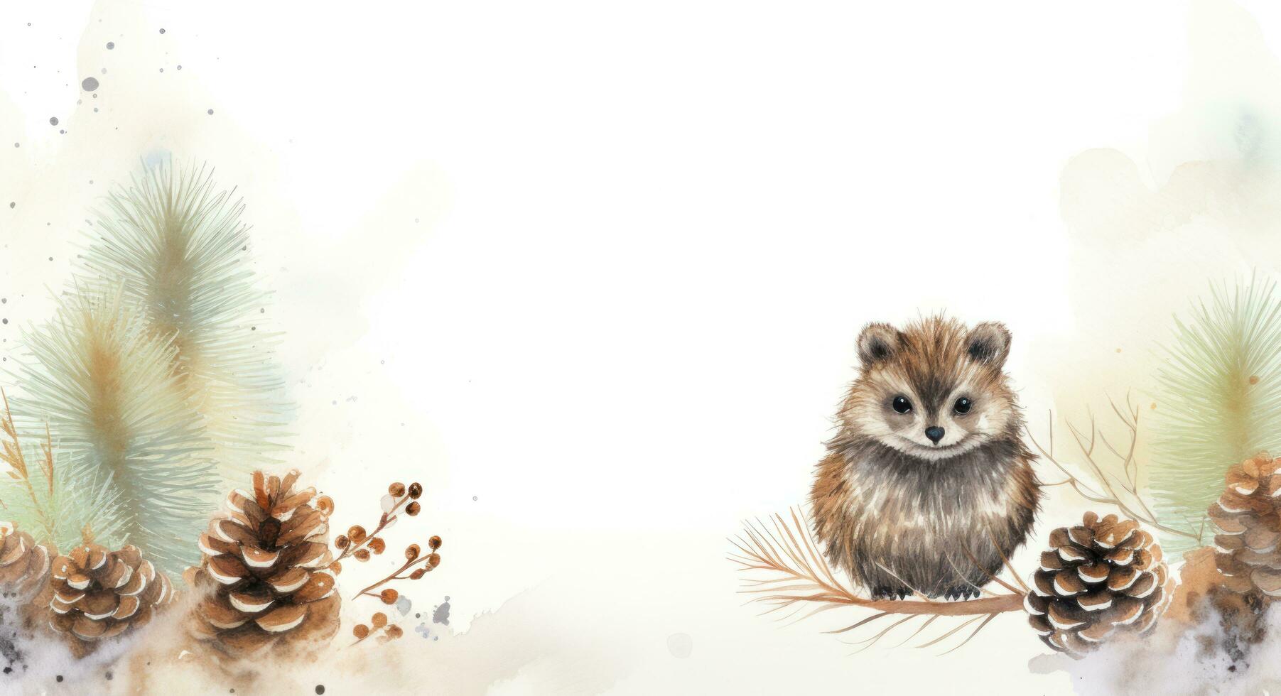Christmas watercolor background with animal and pine cones photo