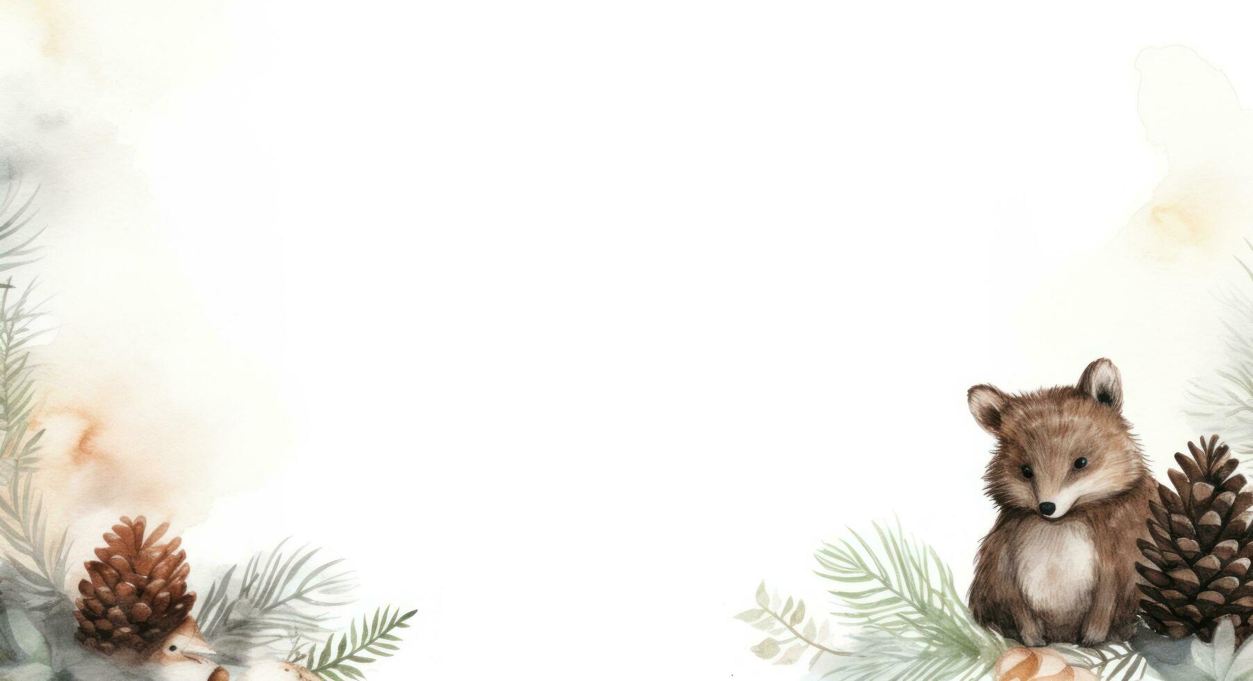 Christmas watercolor background with animal and pine cones photo