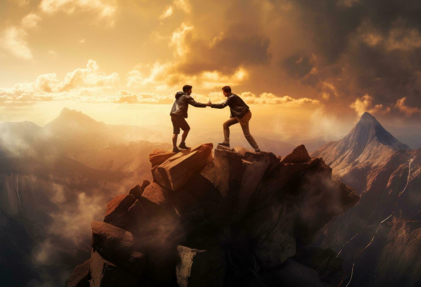 Two people helping each other on a mountain top photo