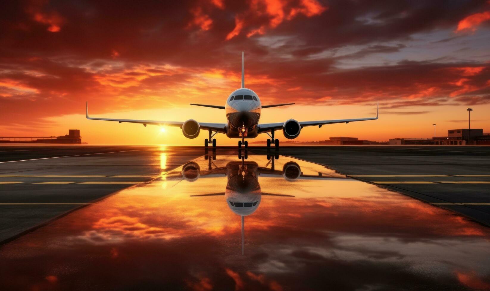 The sun is setting behind a plane on an airport photo