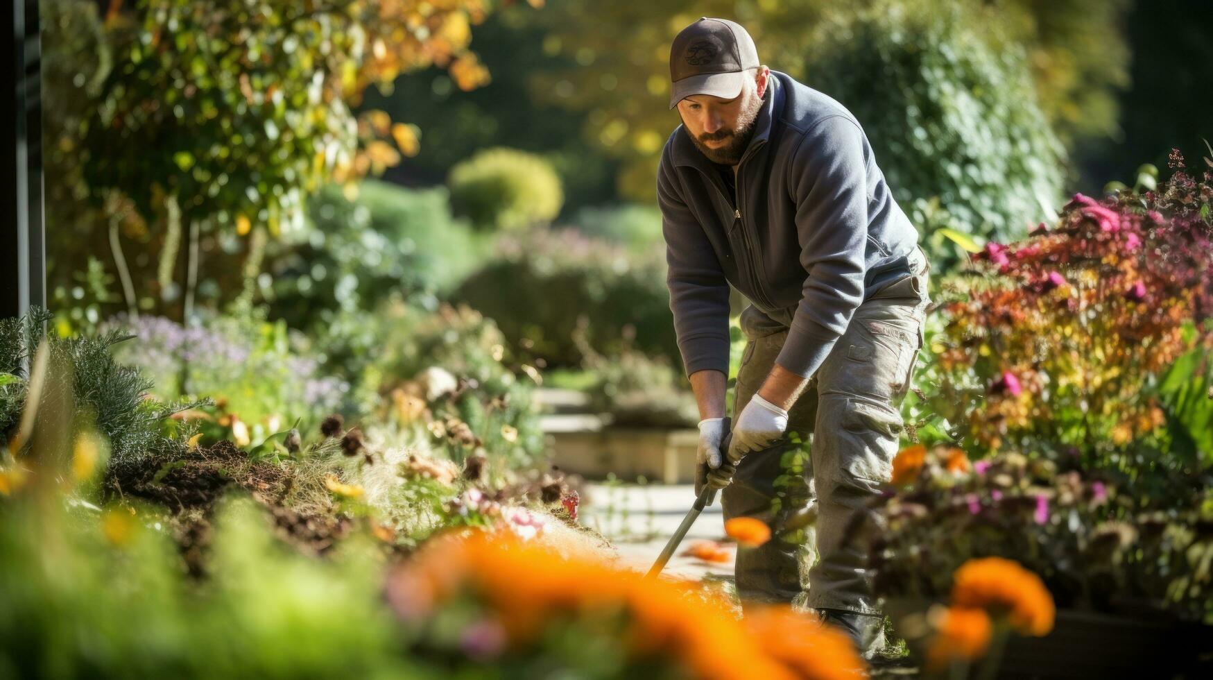 Gardener works in autumn garden photo