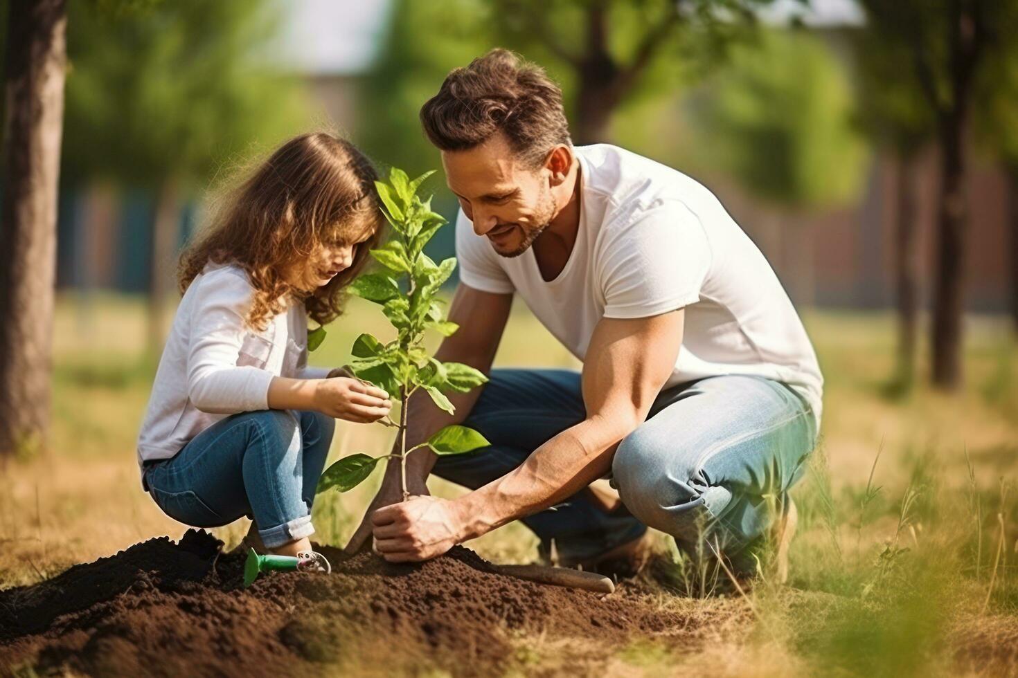 Family planting tree in garden photo