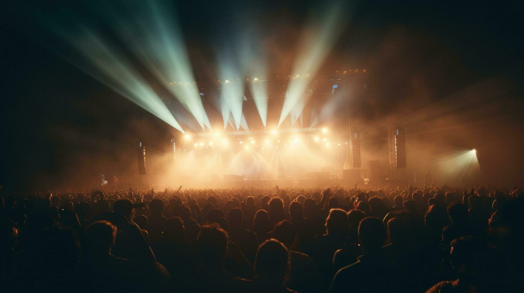 fuegos artificiales luces durante concierto festival en un Noche, en multitud foto