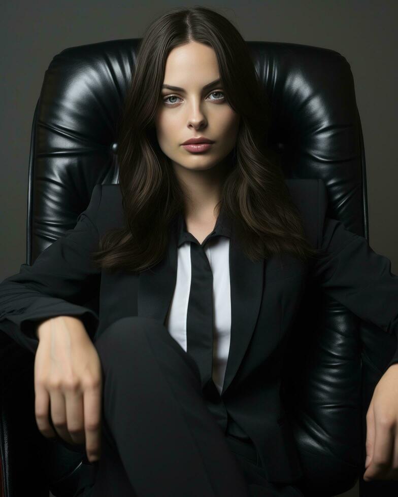 Woman in suit sitting in black chair photo